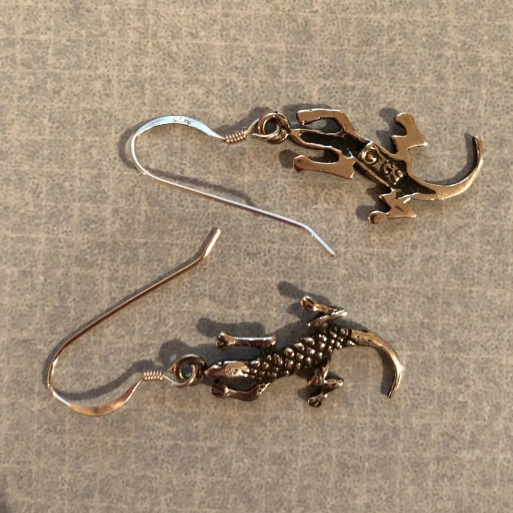 Southwest Gecko Dangle Sterling Earrings Artist Marked .925 Silver